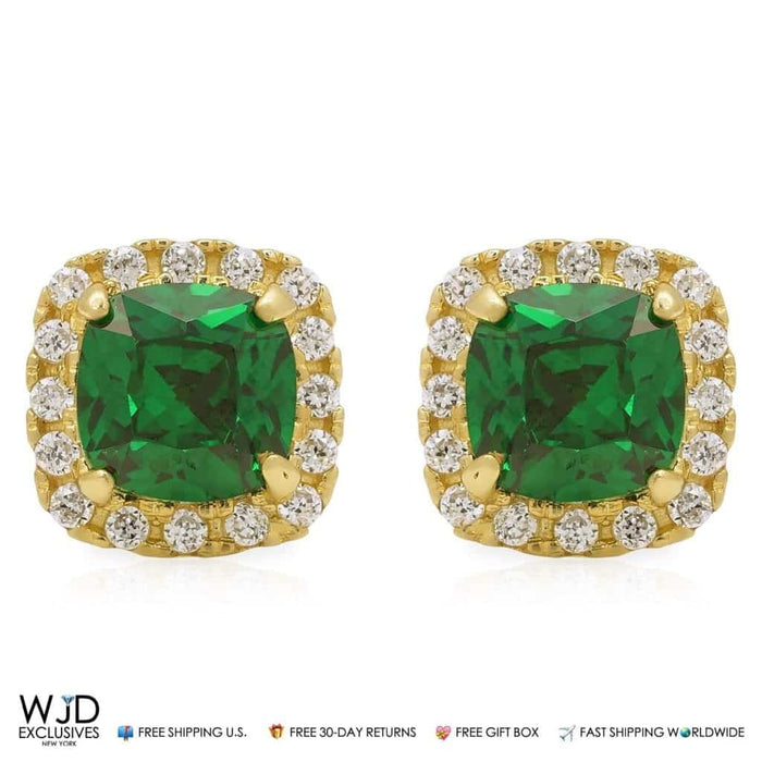 1.85Ct CZ & Emerald 14K Yellow Gold Square Halo Stud Earrings 6mm