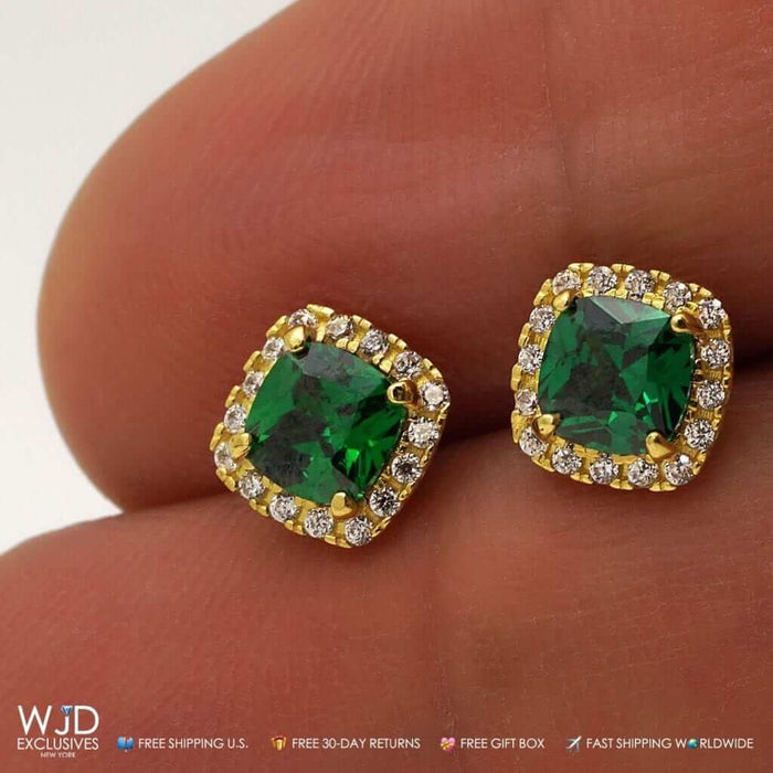 1.85Ct CZ & Emerald 14K Yellow Gold Square Halo Stud Earrings 6mm