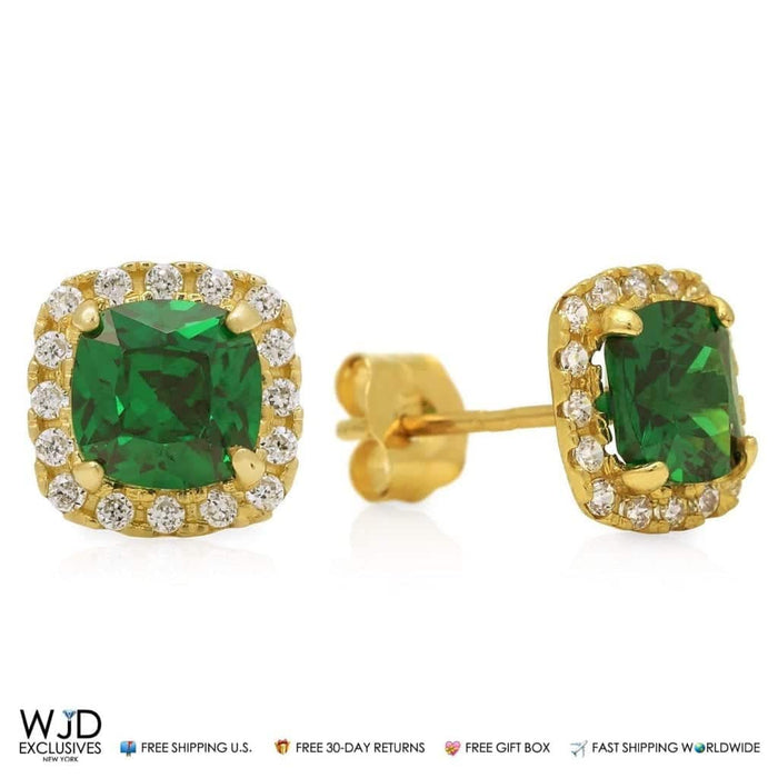 1.85Ct CZ & Emerald 14K Yellow Gold Square Halo Stud Earrings 6mm