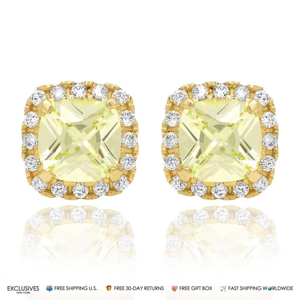 1.85Ct CZ Green Peridot Square Halo Stud Earrings 14K Yellow Gold