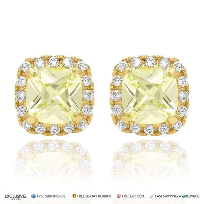 1.85Ct CZ Green Peridot Square Halo Stud Earrings 14K Yellow Gold