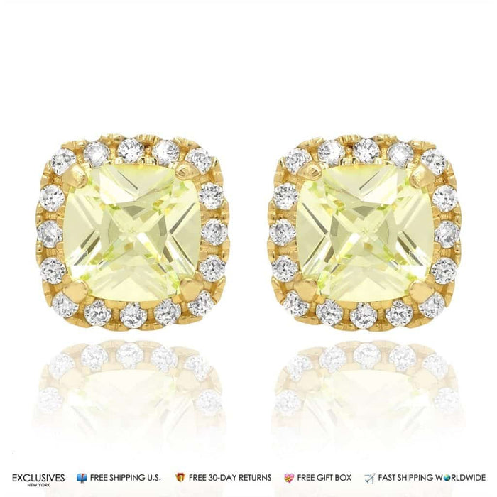 1.85Ct CZ Green Peridot Square Halo Stud Earrings 14K Yellow Gold