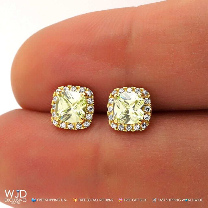 1.85Ct CZ Green Peridot Square Halo Stud Earrings 14K Yellow Gold