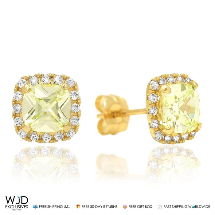 1.85Ct CZ Green Peridot Square Halo Stud Earrings 14K Yellow Gold