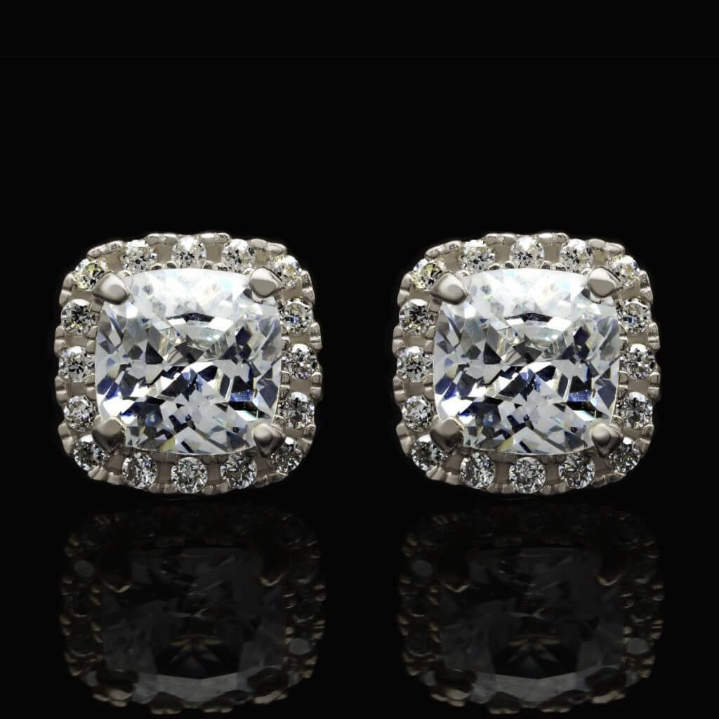 14K White Gold 1.85Ct Cushion CZ Halo Stud Earrings 7mm