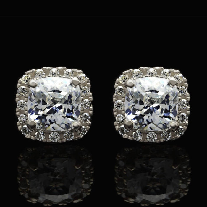 14K White Gold 1.85Ct Cushion CZ Halo Stud Earrings 7mm