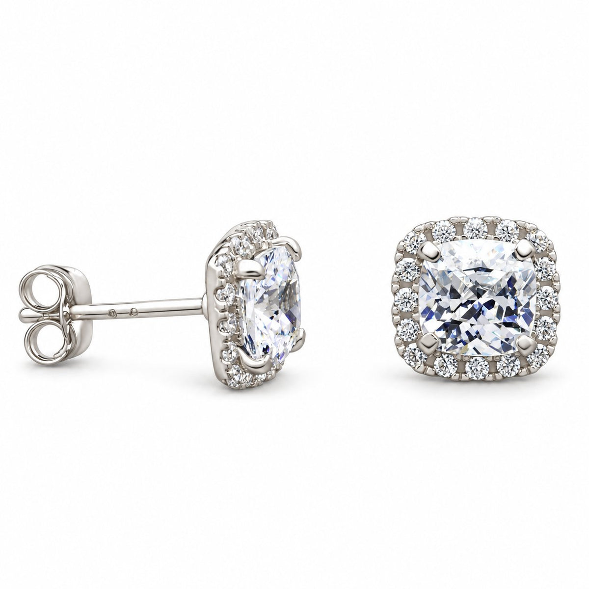 14K White Gold 1.85Ct Cushion CZ Halo Stud Earrings 7mm