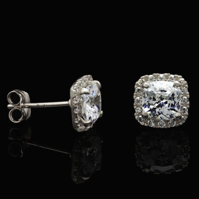 14K White Gold 1.85Ct Cushion CZ Halo Stud Earrings 7mm