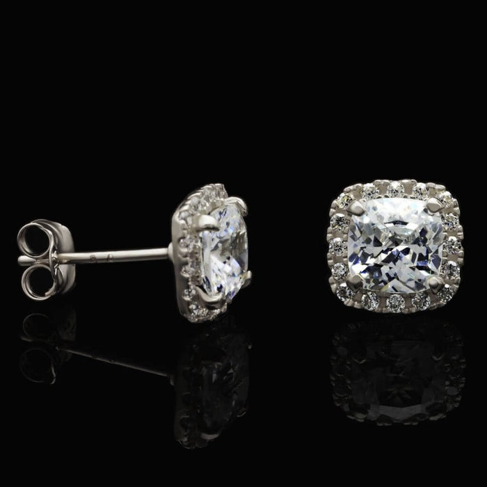 14K White Gold 1.85Ct Cushion CZ Halo Stud Earrings 7mm