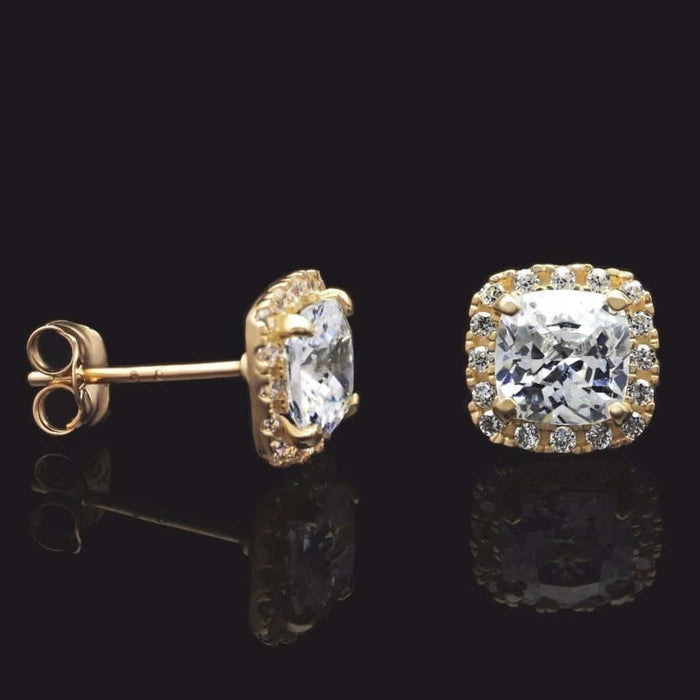 14K Yellow Gold 1.85Ct Cushion CZ Halo Stud Earrings 7mm