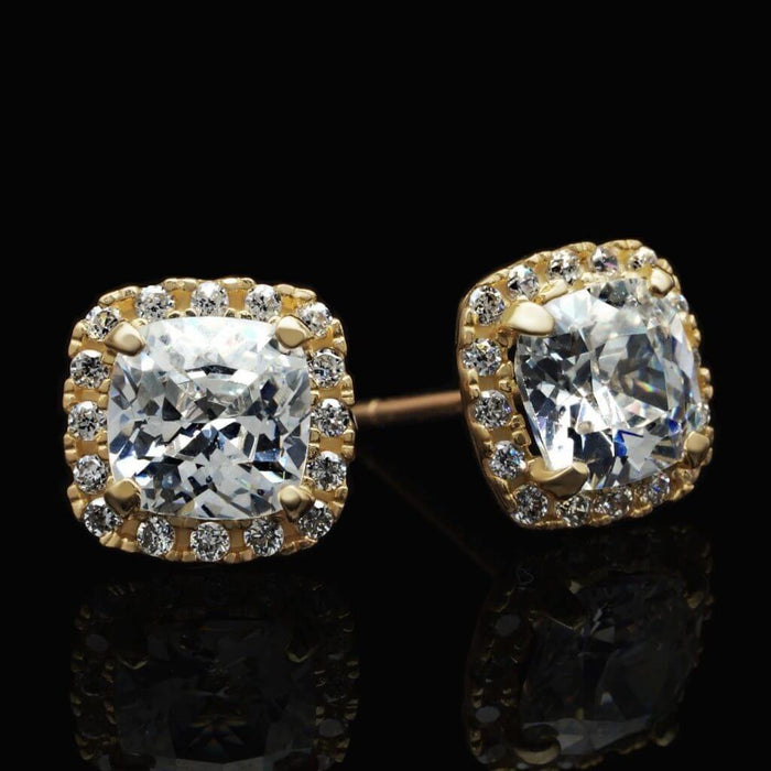 14K Yellow Gold 1.85Ct Cushion CZ Halo Stud Earrings 7mm