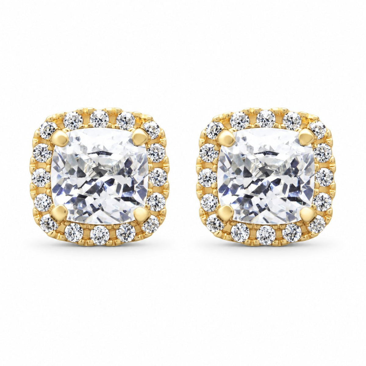 14K Yellow Gold 1.85Ct Cushion CZ Halo Stud Earrings 7mm