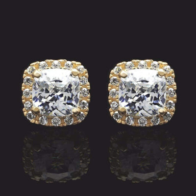 14K Yellow Gold 1.85Ct Cushion CZ Halo Stud Earrings 7mm