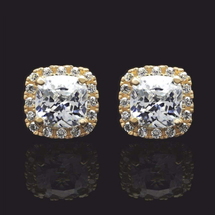 14K Yellow Gold 1.85Ct Cushion CZ Halo Stud Earrings 7mm