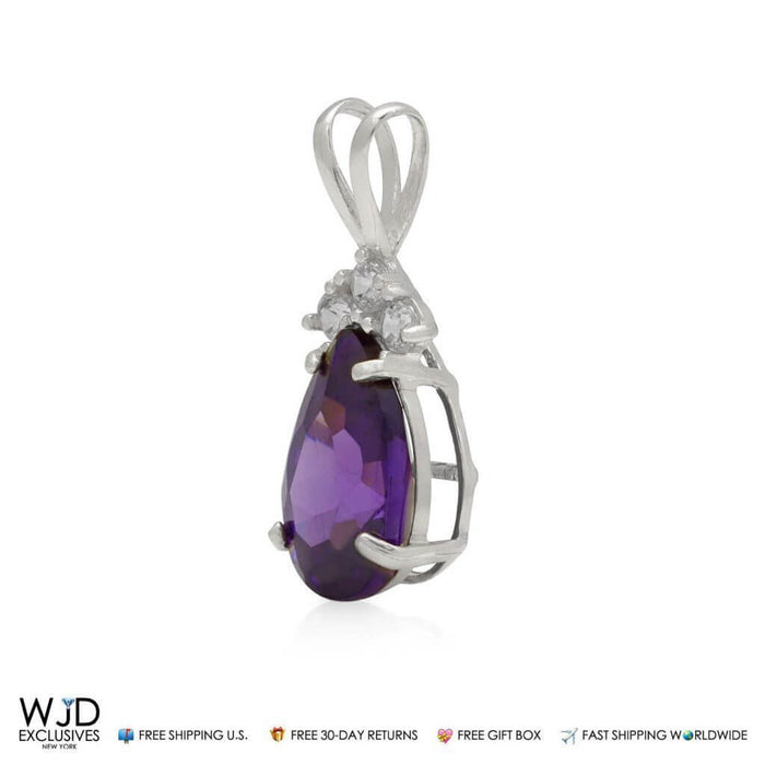 1.85TCW Round Diamond & Pear Shape Amethyst Pendant 14k White Gold 0.8"