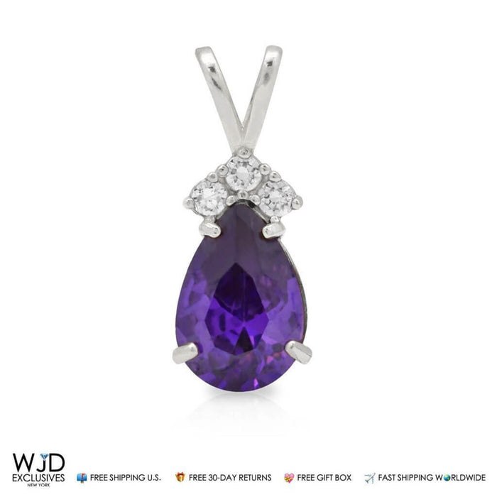 1.85TCW Round Diamond & Pear Shape Amethyst Pendant 14k White Gold 0.8"