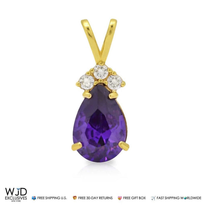 1.85TCW Round Diamond & Pear Shape Amethyst Charm Pendant 14k Yellow Gold 0.8"