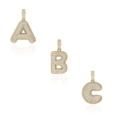 14K Gold CZ Bubble Letter Initial 1.2" Pendant A-Z