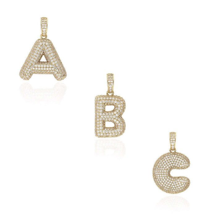 14K Gold CZ Bubble Letter Initial 1.2" Pendant A-Z