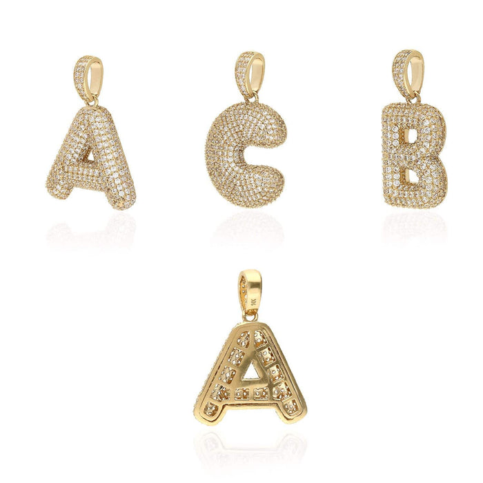 14K Gold CZ Bubble Letter Initial 1.2" Pendant A-Z