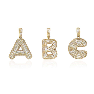 14K Yellow Gold Pave CZ Bubble Letter Initial 1.5" Pendant A-Z