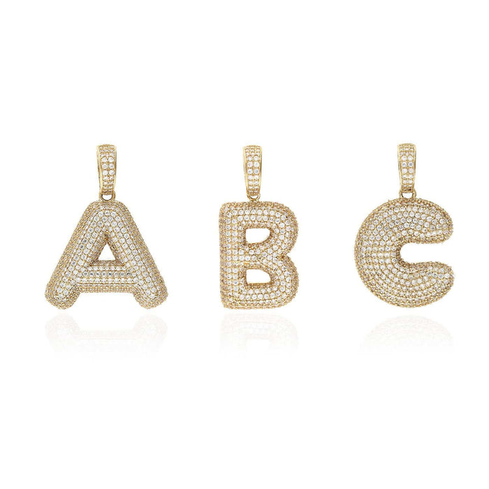 14K Yellow Gold Pave CZ Bubble Letter Initial 1.5" Pendant A-Z