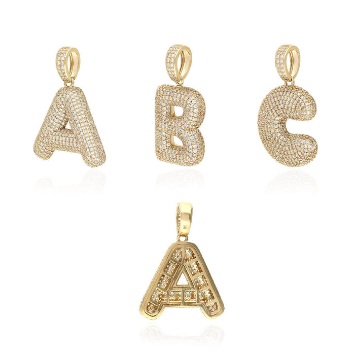 14K Yellow Gold Pave CZ Bubble Letter Initial 1.5" Pendant A-Z