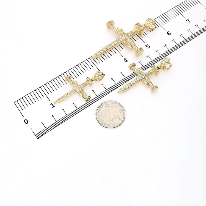 Solid 14K Yellow Gold CZ Nail Cross Pendant 1.9"-2.8"