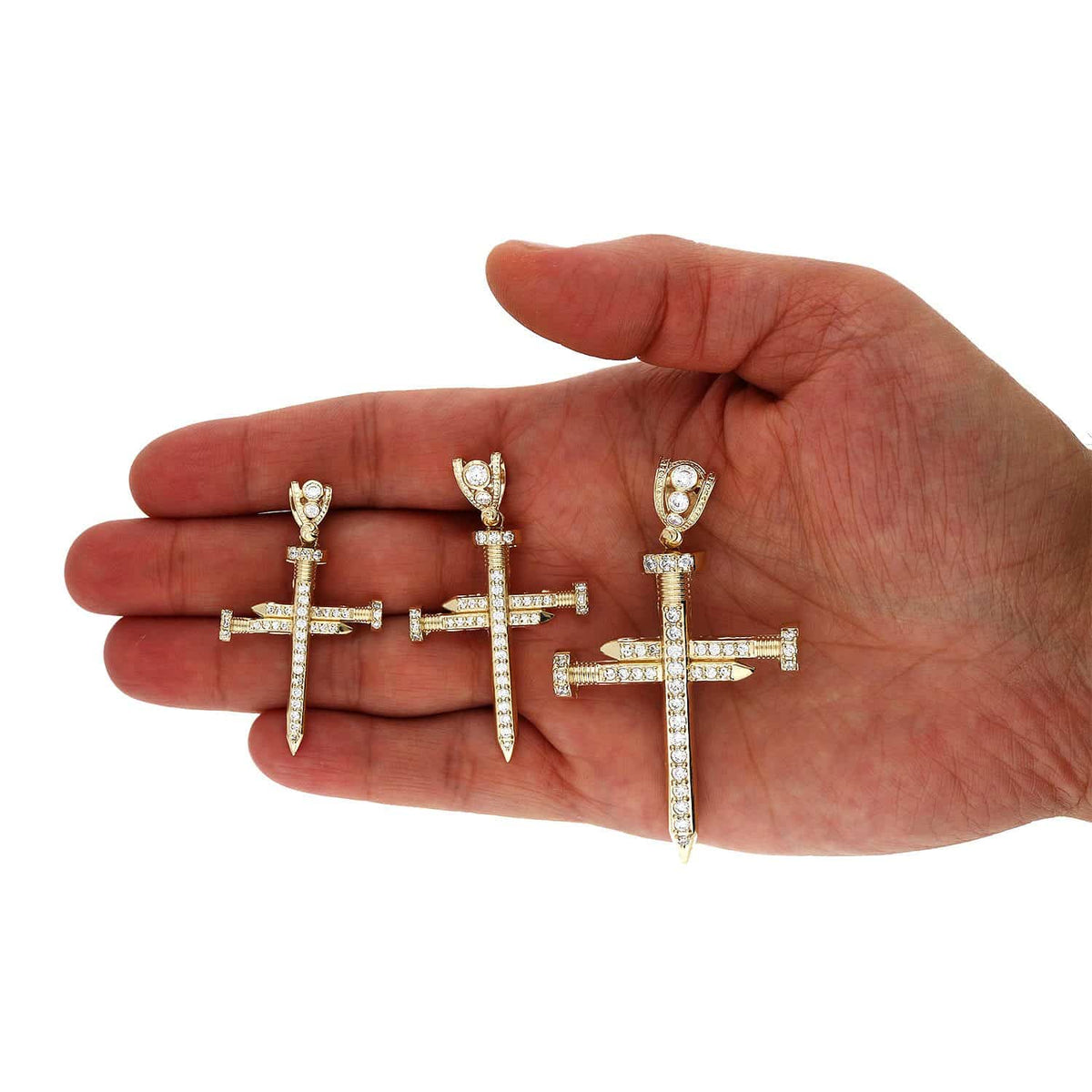 Solid 14K Yellow Gold CZ Nail Cross Pendant 1.9"-2.8"