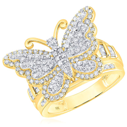 1.50CTW Natural Diamond 10K Yellow Gold Butterfly Statement Ring