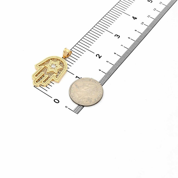 14K Yellow Gold 0.15Ct CZ Star David Hamsa Pendant