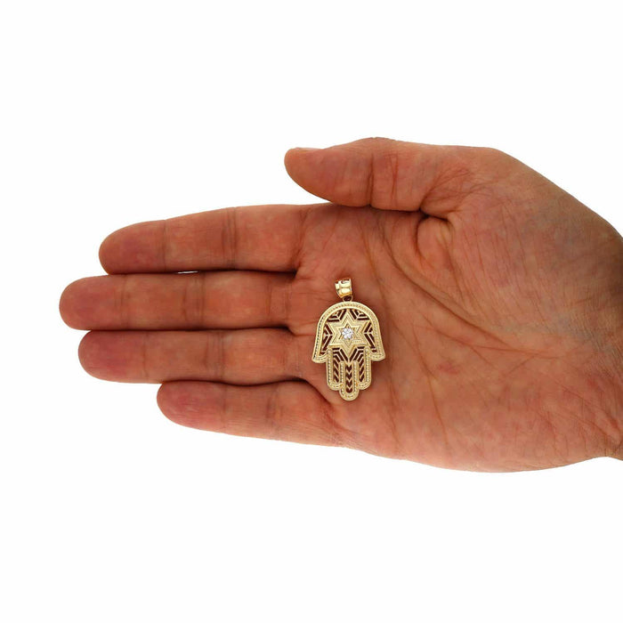 14K Yellow Gold 0.15Ct CZ Star David Hamsa Pendant