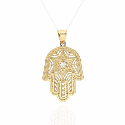 14K Yellow Gold 0.15Ct CZ Star David Hamsa Pendant