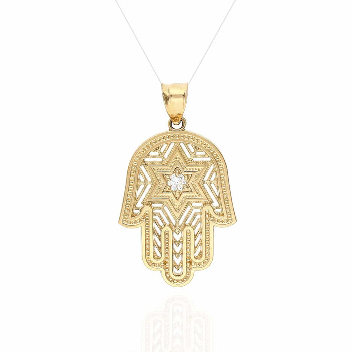14K Yellow Gold 0.15Ct CZ Star David Hamsa Pendant
