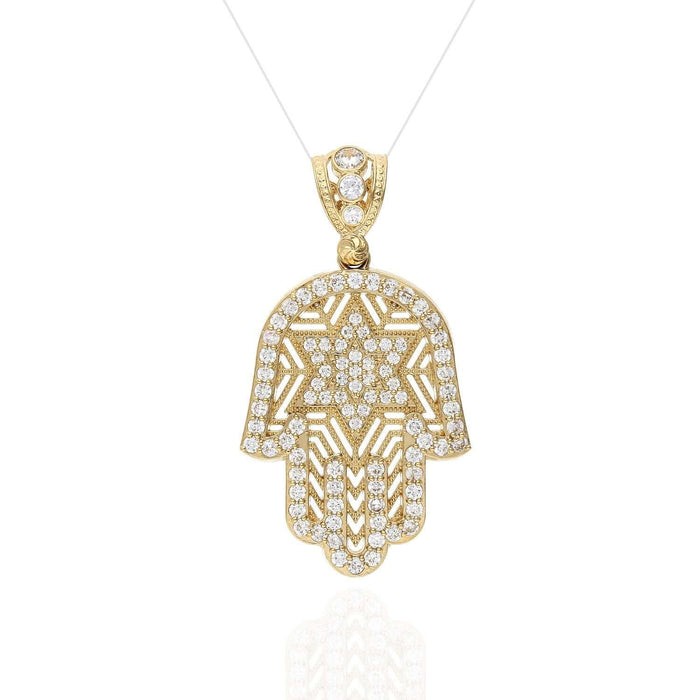 2.65Ct CZ 14K Yellow Gold Star David Hamsa Pendant