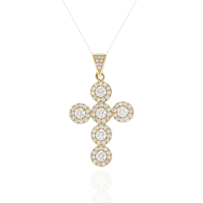 1.65CT CZ Halo Cluster Cross Pendant In 14K Yellow Gold