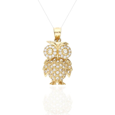 14K Yellow Gold 1.1CT CZ Accent Owl Pendant