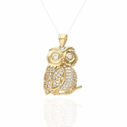 0.65CT CZ 14K Yellow Gold Owl Charm Pendant