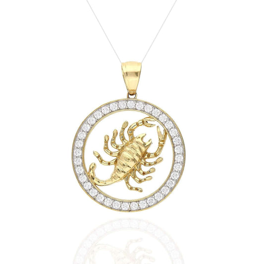 14K Yellow Gold 1.1CT Created Diamond Circle Scorpio Medallion Pendant
