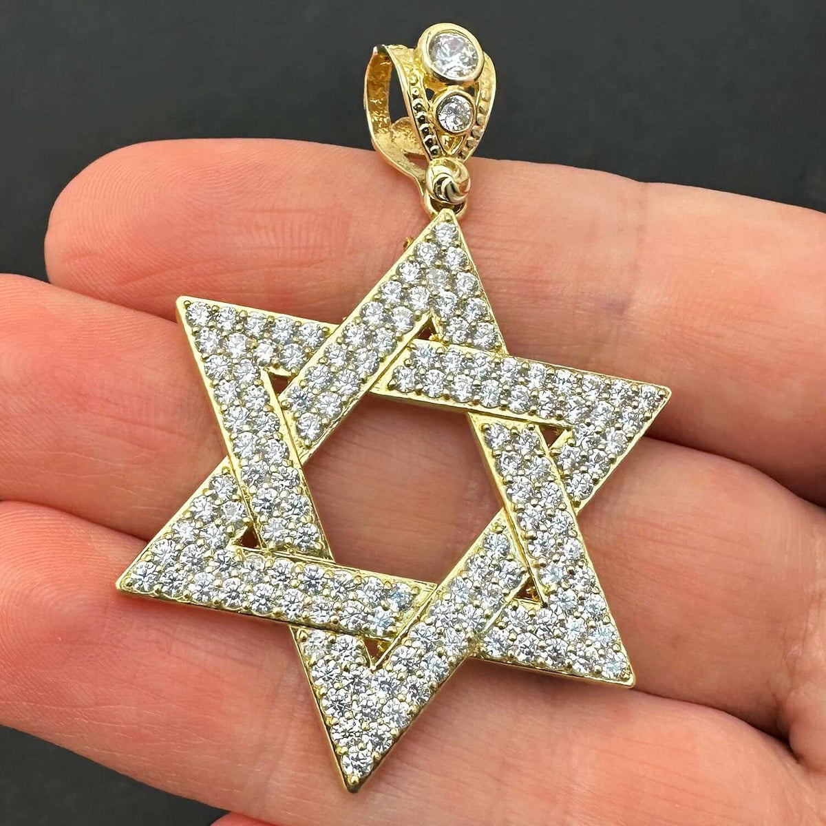 14K Yellow Gold 3.5CT CZ Star Of David Pendant 2"
