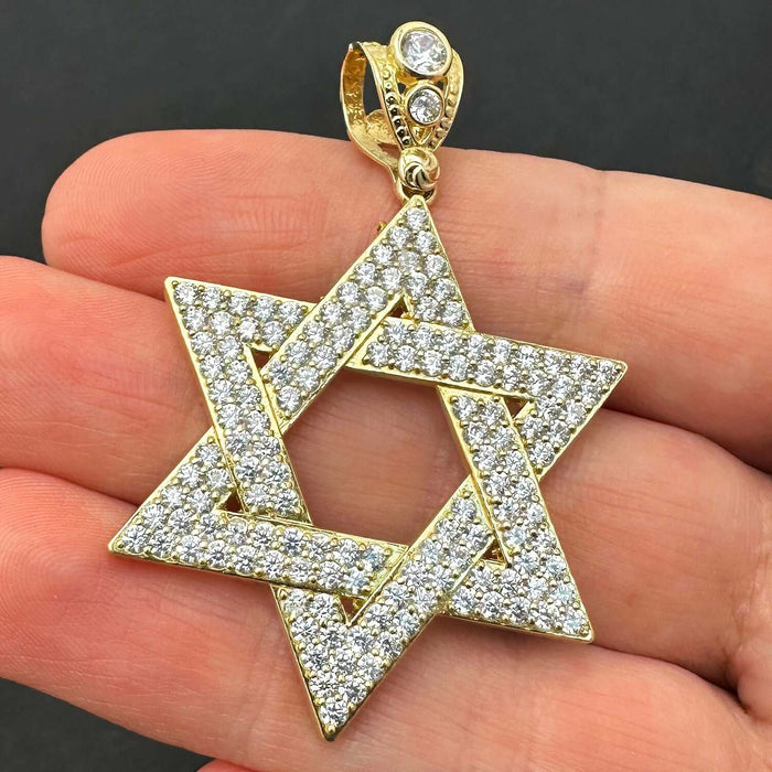 14K Yellow Gold 3.5CT CZ Star Of David Pendant 2"