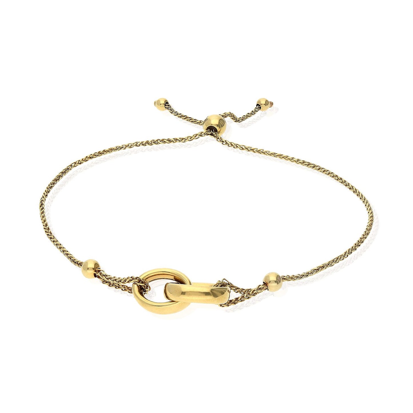 10K Gold Yellow Spiga Wheat  Adjustable Double Interlocking Bracelet