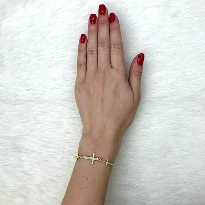 10K Yellow Gold 3 Sideways Cross Center Adjustable Bracelet
