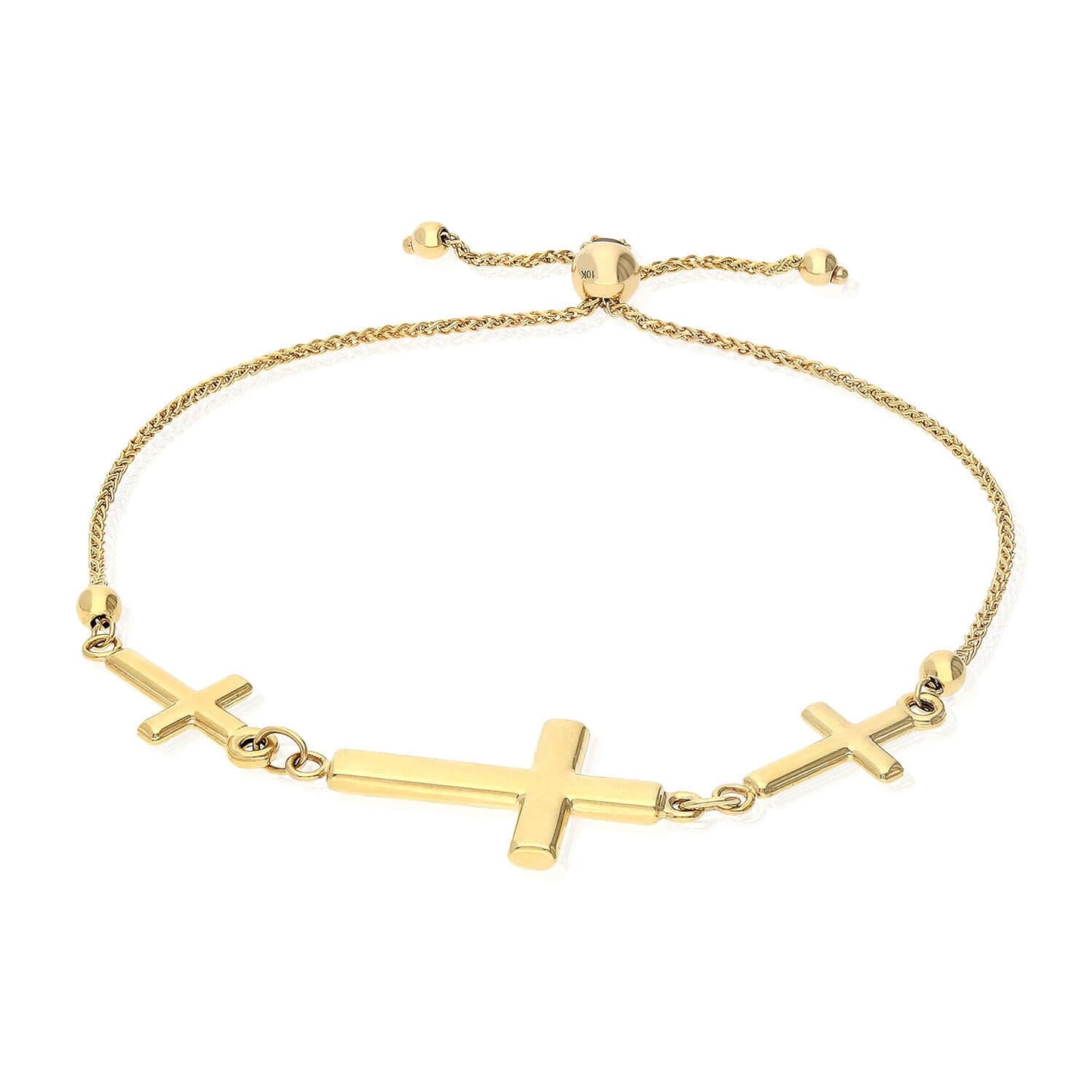 10K Yellow Gold 3 Sideways Cross Center Adjustable Bracelet