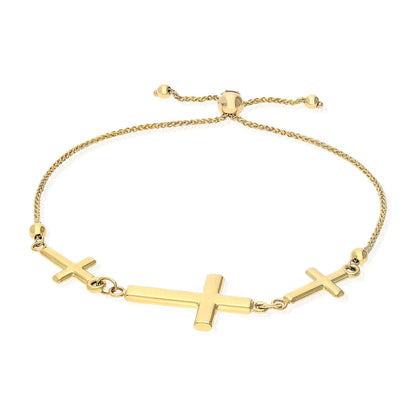 10K Yellow Gold 3 Sideways Cross Center Adjustable Bracelet