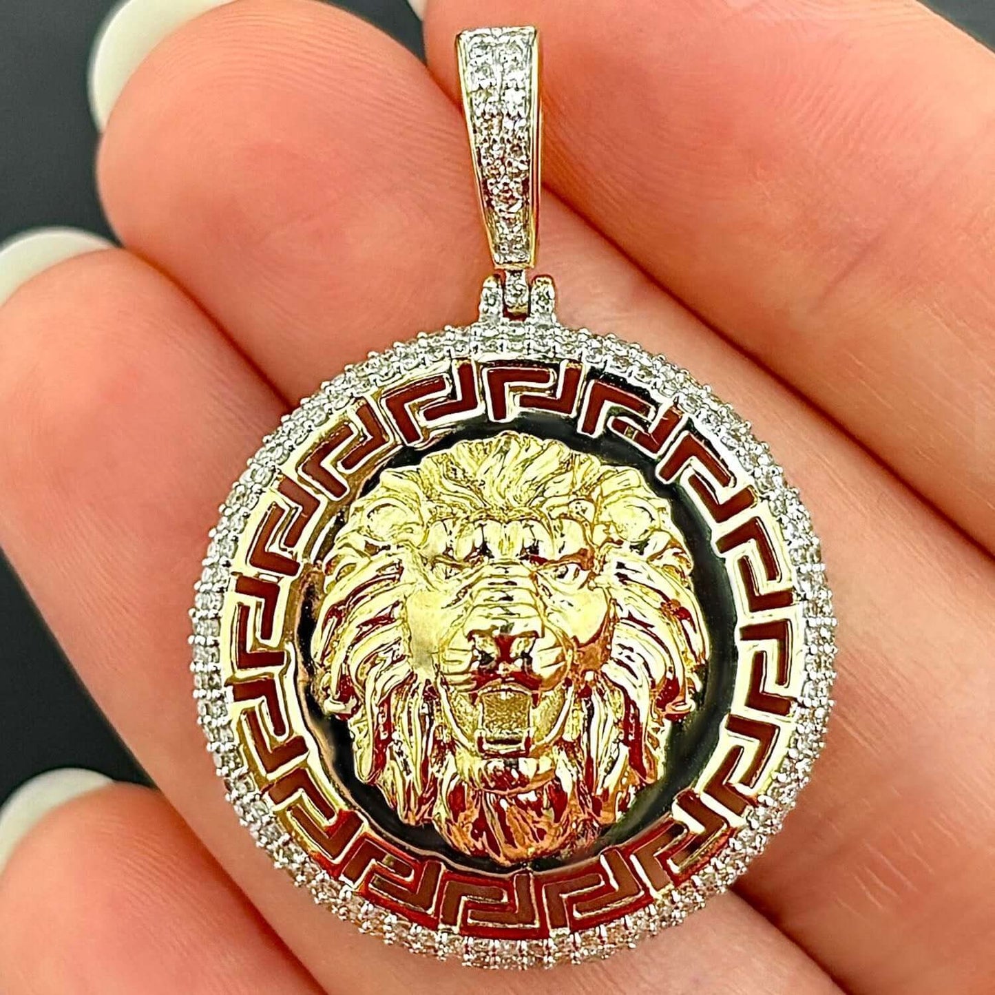 0.62CTW Natural Diamonds 10K Gold Lion Head Medallion Pendant 1.6" - WJD Exclusives