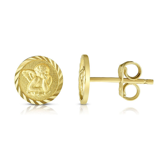 14K Gold Yellow 8mm Diamond Cut Round Angel Push Back Stud Earrings