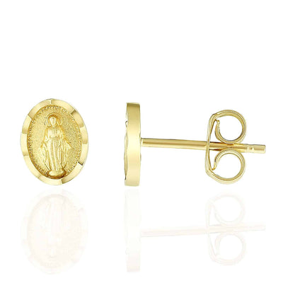 14K Yellow Gold Diamond-Cut 8mm x 6mm Oval Religious Miraculous Stud Earrings