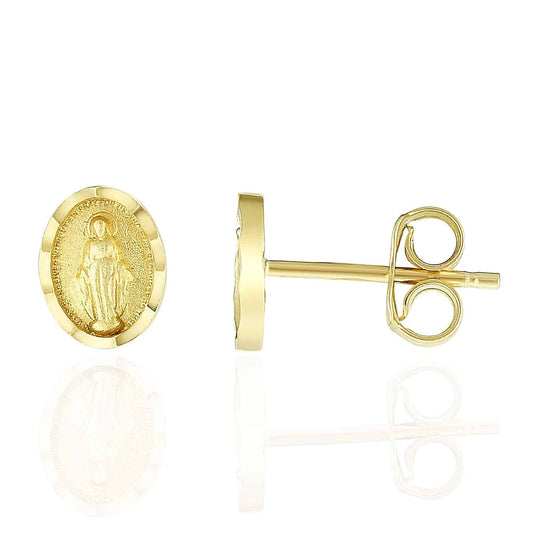 14K Gold Yellow Diamond Cut 8mm x 6mm Oval Religious Miraculous Stud Earrings