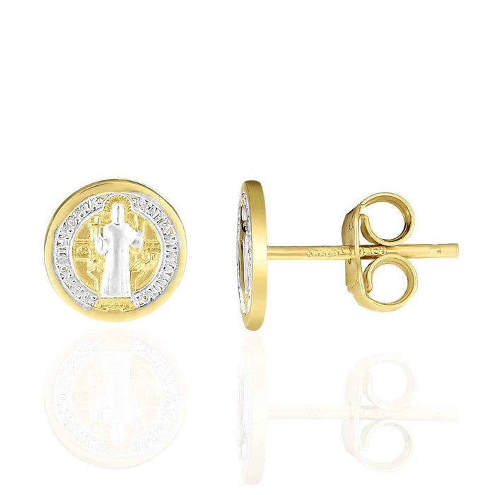 14K Yellow Gold 8mm Round Religious St.Benedict Sentia Mvniamvr Stud Earrings